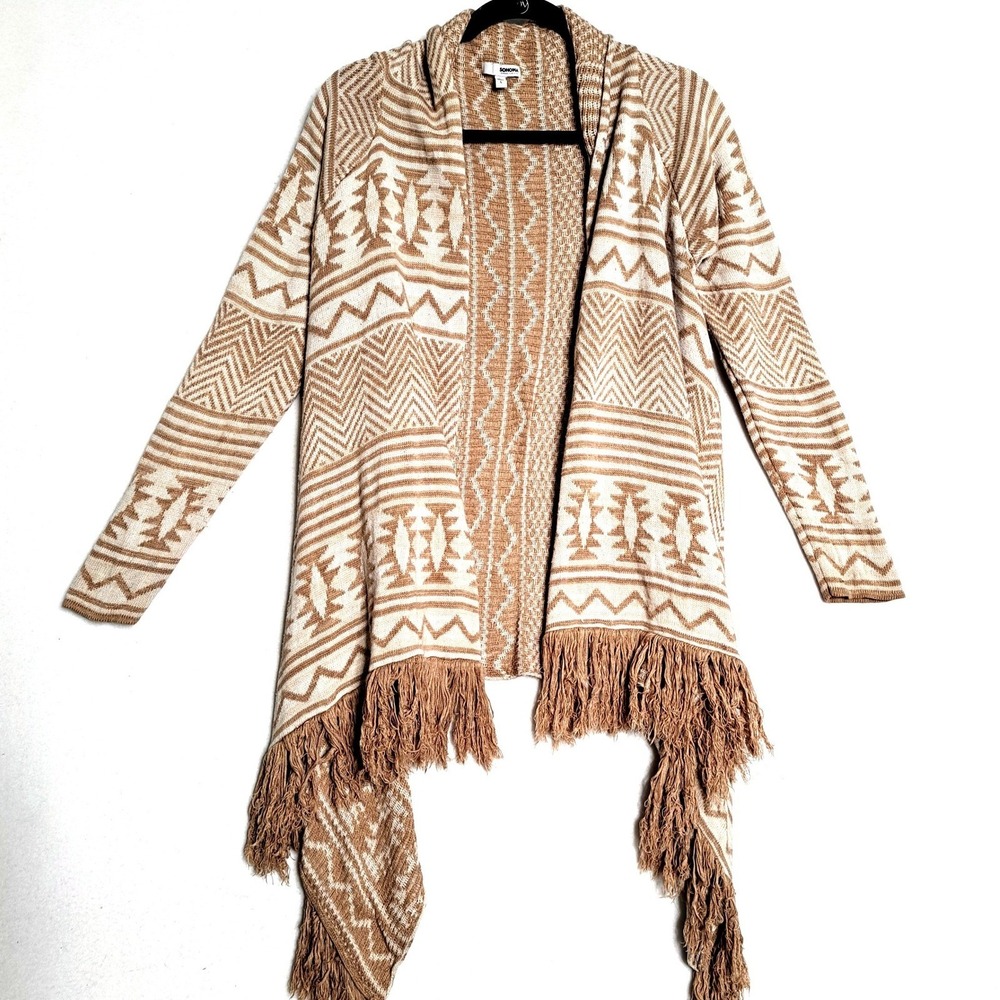 Sonoma Womens Large Tan Cream Fringe Cardigan Geometric Southwestern Boho Wrap